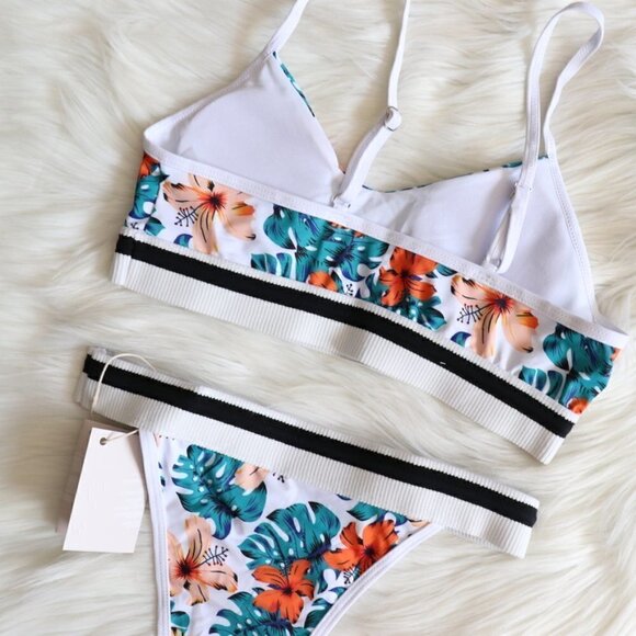 NWT White Green Tropical Print Bikini Swim Set Size Large - Picture 6 of 8
